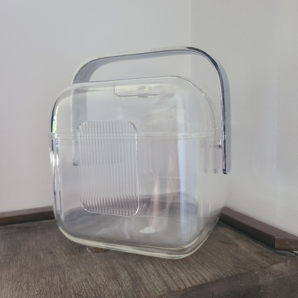 Vintage euc Guzzini Clear lucite Storage Box chrome silver Handle ice bucket MCM